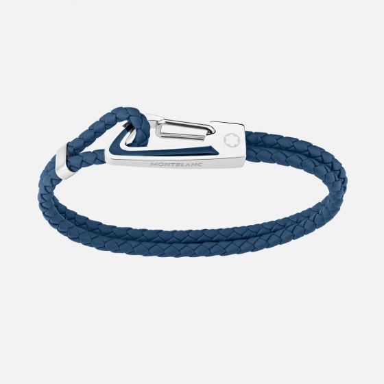 Bracelet en cuir bleu tressé avec fermoir mousqueton en acier et insert en laque bleue