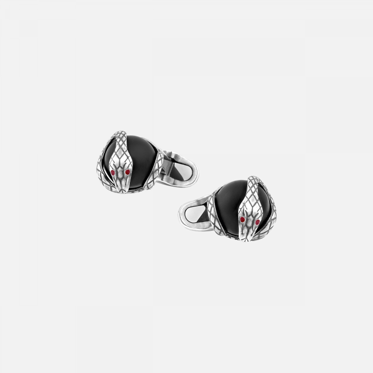 Boutons de manchette motif serpent en argent avec perles d’onyx