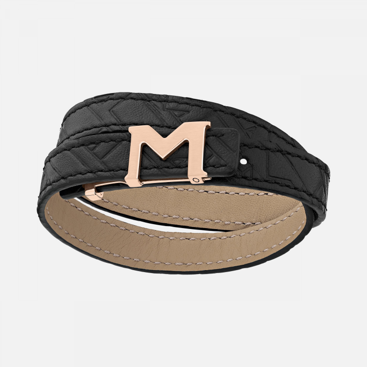 Bracelet Montblanc M logo avec cordon noir embossé et fermoir doré à l’or rose