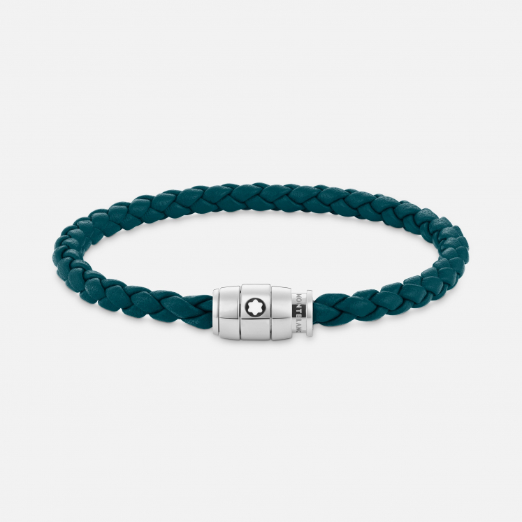 Bracelet à 3 anneaux de la collection Meisterstück en acier et en cuir bleu pétrole
