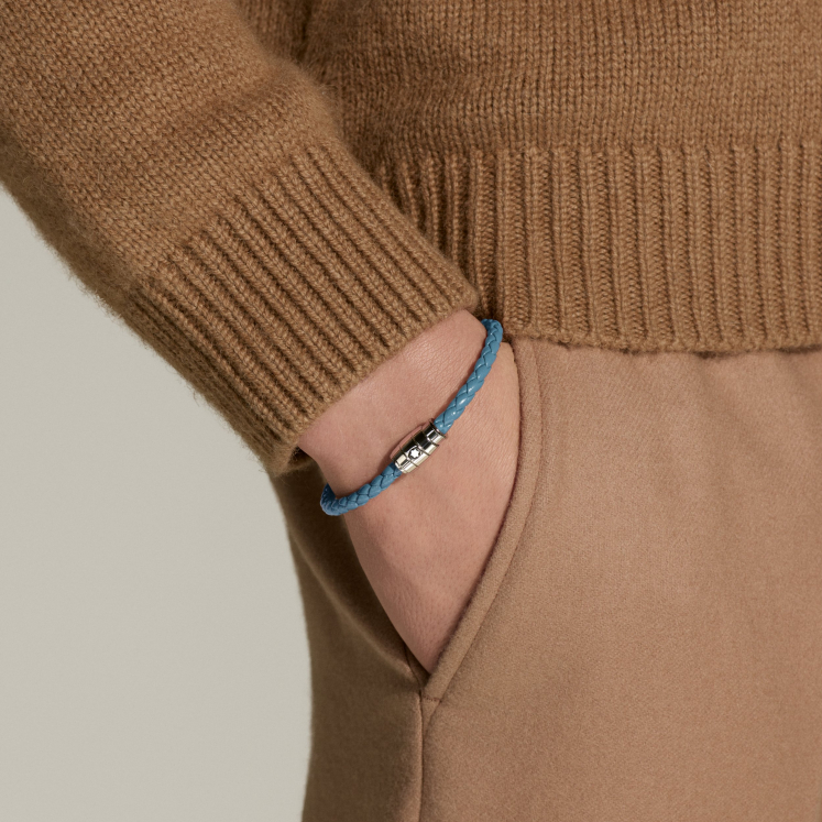 Bracelet acier 3 anneaux Collection Meisterstück en cuir bleu cendré