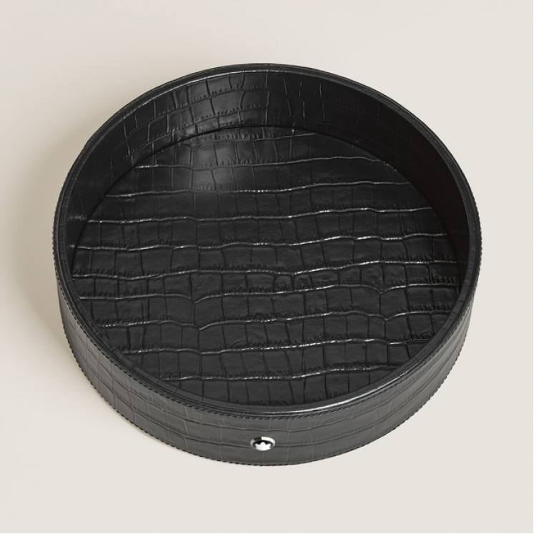 Grand Plateau de Bureau Rond en Cuir Embossé Croco