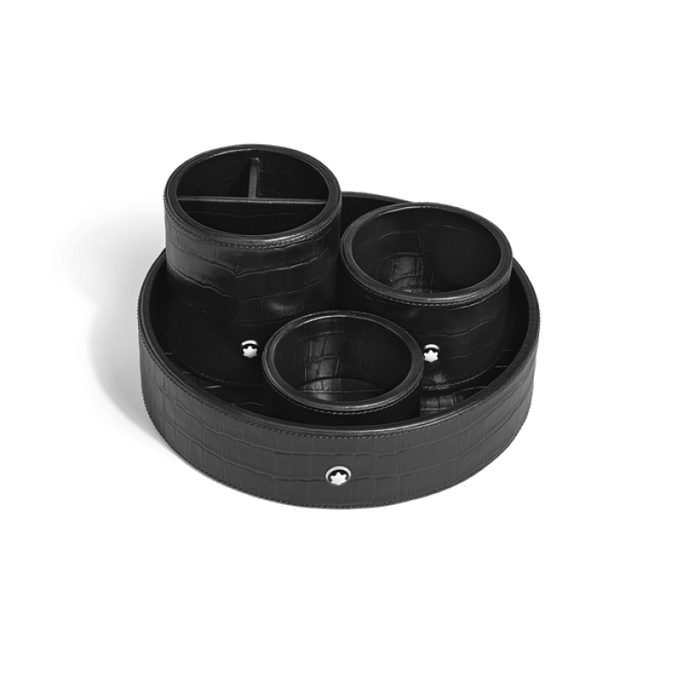 Grand Plateau de Bureau Rond en Cuir Embossé Croco