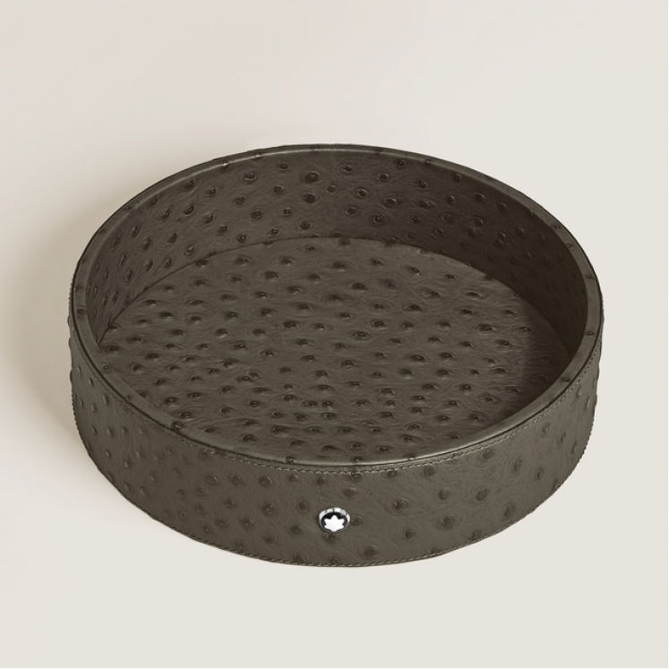 Grand Plateau de Bureau Rond en Cuir Imprimé Autruche