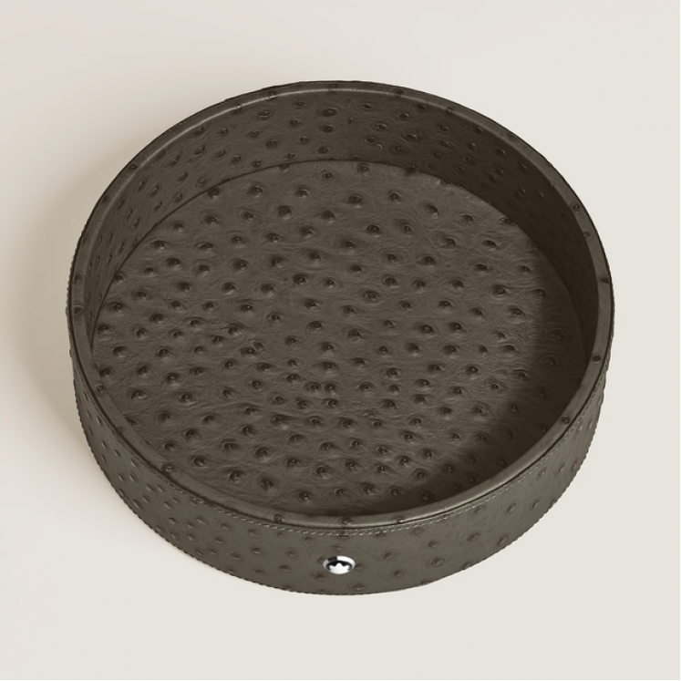Grand Plateau de Bureau Rond en Cuir Imprimé Autruche
