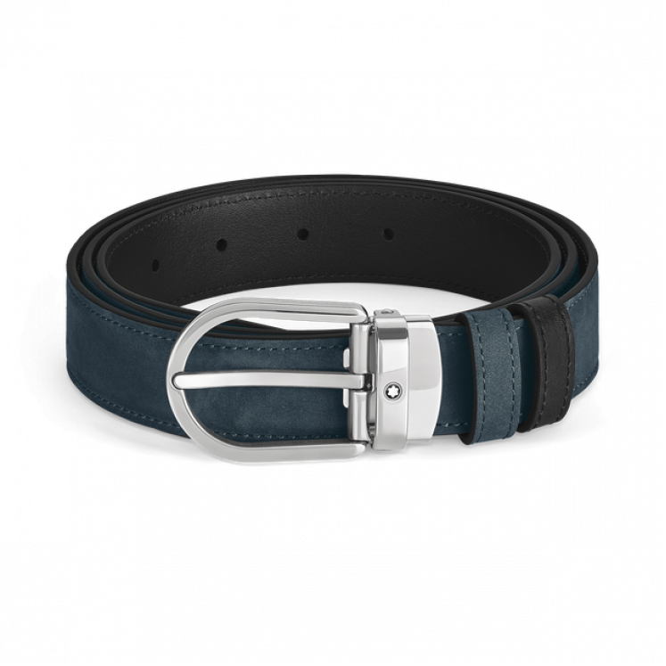 Ceinture réversible à boucle fer à cheval de 30 mm en cuir bleu velours/noir