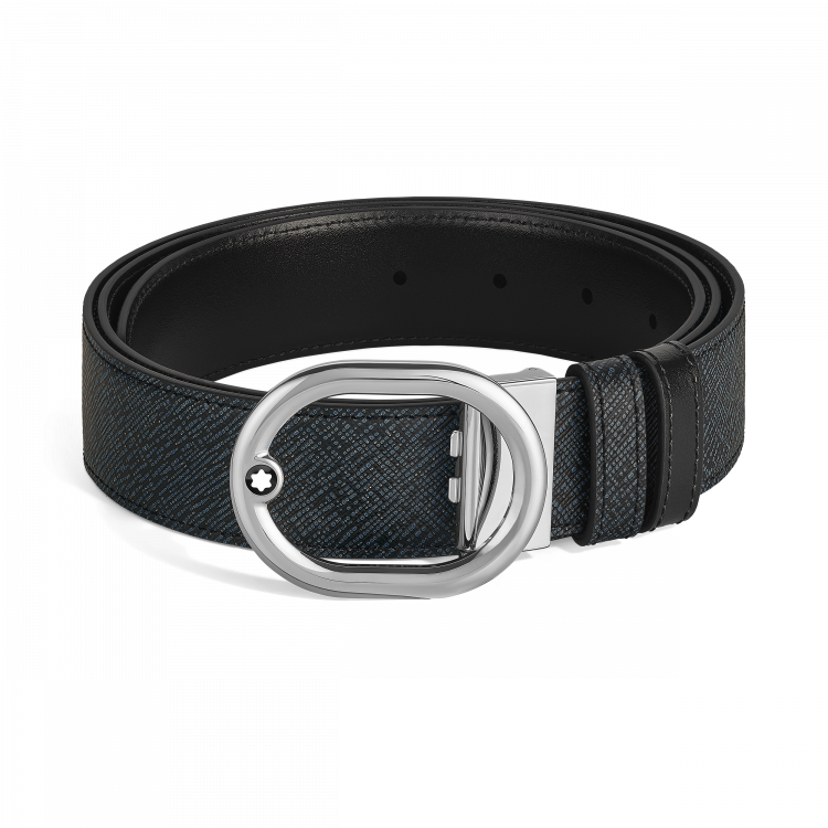 Ceinture réversible à boucle L’Ovale de 35 mm en cuir bleu tweed/noir